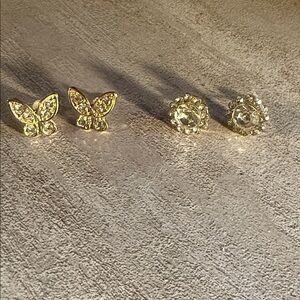 Gold Butterfly and Floral Stud Earrings Set